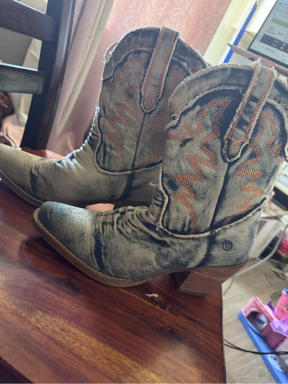 dingo Distressed Denim Western Ankle Boots - Blue and Brown